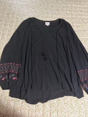 Knox Rose Black Embroidered Tassel Peasant Blouse